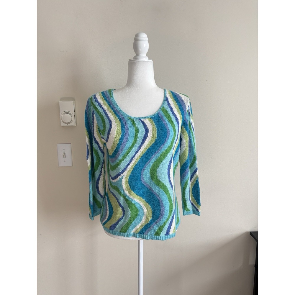 Vintage Y2K Funky Swirl‎ Retro Mod Sweater Talbots Medium 90s Blue Green *FLAW
